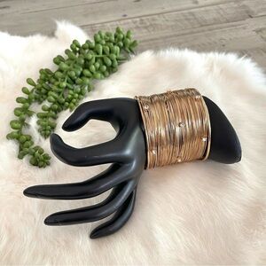 Large Gold Tone Wire Bracelet Cuff with Rhinestone Embellishments